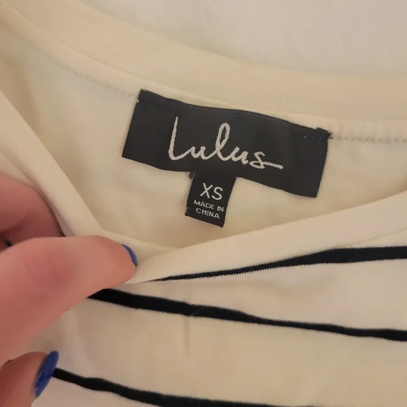 Lulus Cream Black Stripe T-Shirt Dress Minimalist Casual Pocket Dress XS - Picture 2 of 5